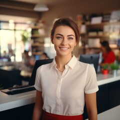 Portrait of a smiling young businesswoman sitting in a cafe.