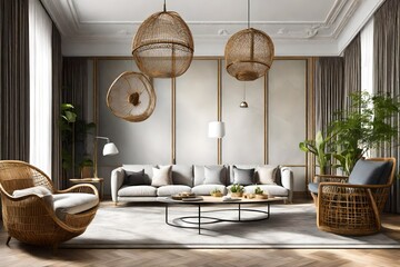 General view of luxury living room interior with armchairs, sofa and hanging basket chair - Powered by Adobe