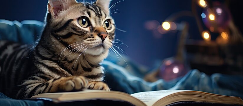Striped Bengal cat models astrology book close up