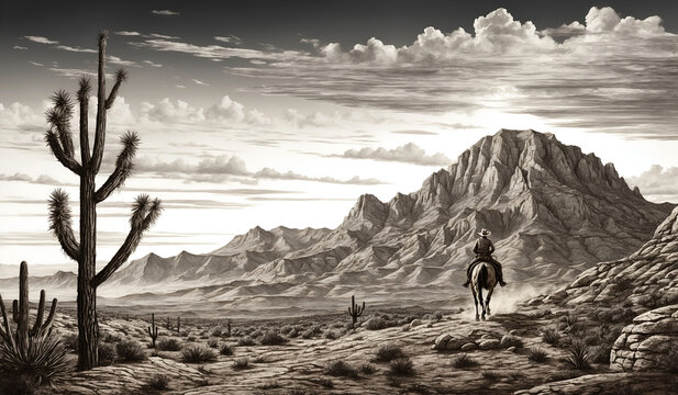 Cowboy Riding Horse in Mountain Desert