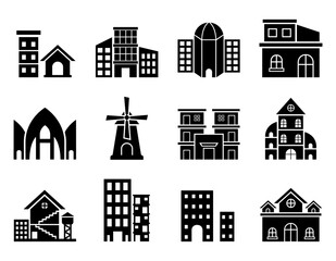Fototapeta premium Building icon set. house, home, real estate, property, apartment, city, town, residential, buildings, real, estate, architecture, construction, icons. Black solid icon collection. Vector illustration