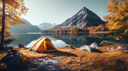 Camping tent on mountain lake in autumn in the morning - obrazy, fototapety, plakaty