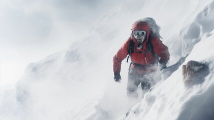 Fototapeta na wymiar snapshot of a courageous mountaineer battling extreme snow and wind conditions at high altitudes