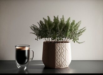 plants in pots against white walls, coffee on the table, decoration plant, decoration room  minimalism, house plant