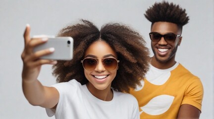 selfie of a beautiful afro-american girl wearing sunglasses against white background with space for text, background image, AI generated - obrazy, fototapety, plakaty