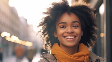 Portrait of young beautiful african american woman with afro hairstyle in the city - obrazy, fototapety, plakaty