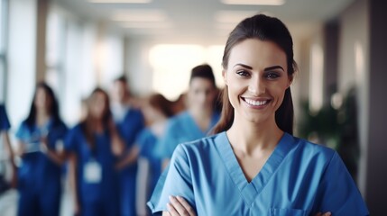 Portrait of a smiling nurse standing in front of her team. - obrazy, fototapety, plakaty