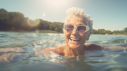 Naklejka premium Portrait of happy senior woman swimming in the lake on a sunny day