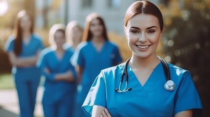 selective focus of smiling nurse standing with stethoscope and looking at camera