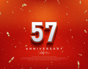 57th Anniversary. with white 3d numbers on fancy red background. Premium vector background for greeting and celebration.