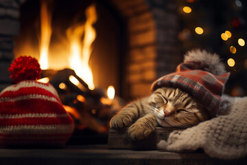 Close-up view at Scottish Fold cat ware knitting beanie sleep on the floor in front of fireplace in winter season.  - obrazy, fototapety, plakaty