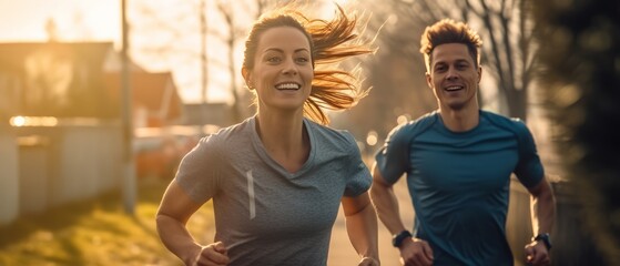 Fototapeta na wymiar Young couple jogging in the city at sunset. Sport and healthy lifestyle concept.
