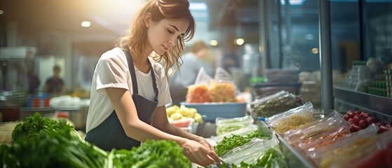 Beautiful young asian woman in apron choosing fresh vegetables in supermarket - obrazy, fototapety, plakaty