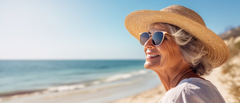 smiling senior woman in straw hat and sunglasses on beach, panoramic shot