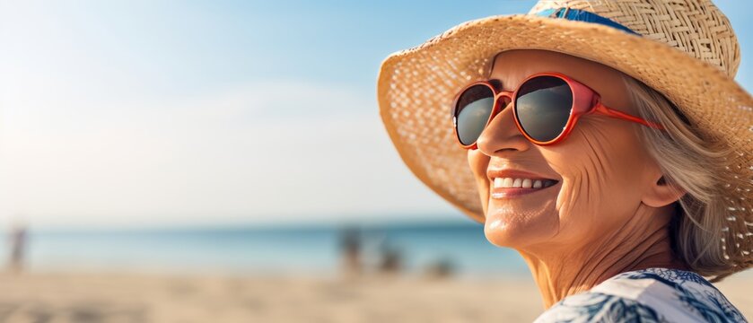 happy senior woman in straw hat and sunglasses at beach on summer vacation