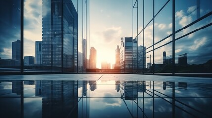 Modern office building or business center. High-rise window buildings made of glass reflect the clouds and the sunset. empty street outside  wall modernity civilization. growing up business