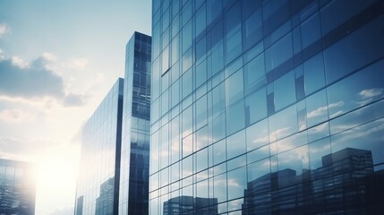 Modern office building or business center. High-rise window buildings made of glass reflect the clouds and the sunset. empty street outside  wall modernity civilization. growing up business