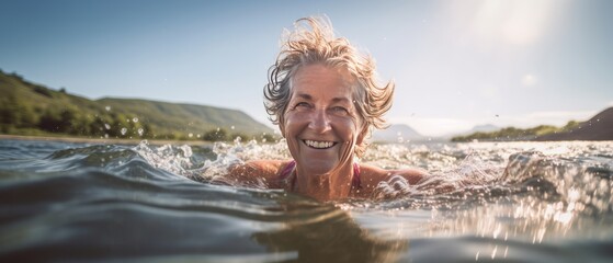 Portrait of smiling senior woman swimming in sea water at sunny day