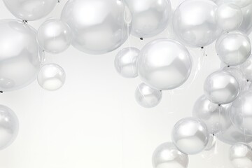 Bunch of shiny silver balloons with strings. Event decorations. - obrazy, fototapety, plakaty