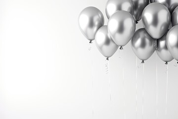 Metallic silver balloons grouped together on light backdrop. Festive occasions.