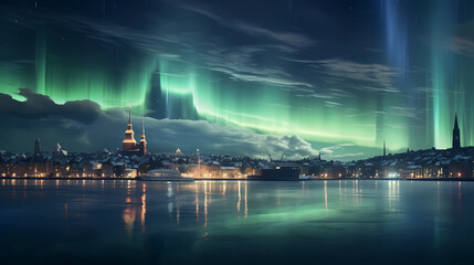 the auroras shining above a city