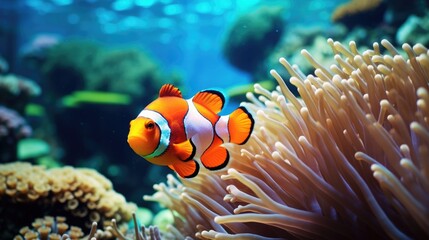 Naklejka na ściany i meble Vibrant clownfish navigating through coral formations. Marine life and underwater exploration.