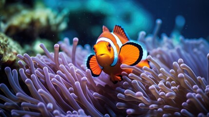 Striking orange clownfish glides among pink sea anemones. Aquatic ecosystems. - obrazy, fototapety, plakaty
