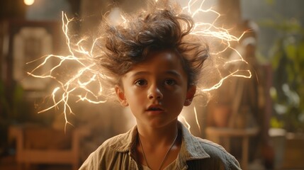 Latino boy doing a scientific experiment with static electricity - obrazy, fototapety, plakaty