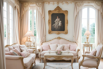 A French country living room with ornate details and soft pastel colors. 3d rendering