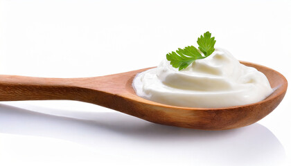 sour cream in wooden spoon isolated on white background