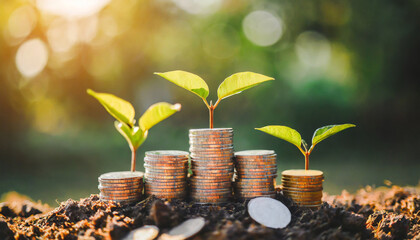 investment ideas for success coins and small trees on the ground outdoor nature blurred background - obrazy, fototapety, plakaty