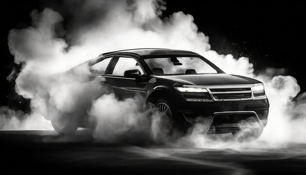 black and white image of a black car in an explosion of smoke on a black background