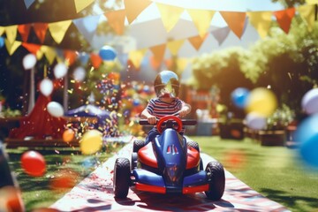 An 8-year-old boy's birthday: The backyard was a race track for the young speedster's party, joined by his parents, grandparents, and friends, competing in go-kart races. - obrazy, fototapety, plakaty