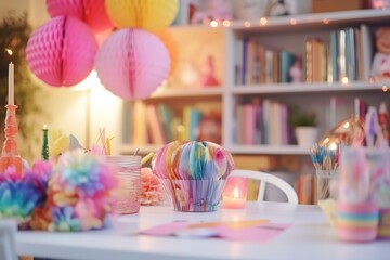 Obraz na płótnie Canvas An 8-year-old girl's birthday: The living room was transformed into a crafty wonderland as the birthday girl enjoyed arts and crafts with her parents, grandparents, and cousins.