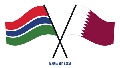 Gambia and Qatar Flags Crossed And Waving Flat Style. Official Proportion. Correct Colors.