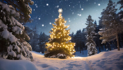 christmas tree decorated with garland lights is in winter forest at night