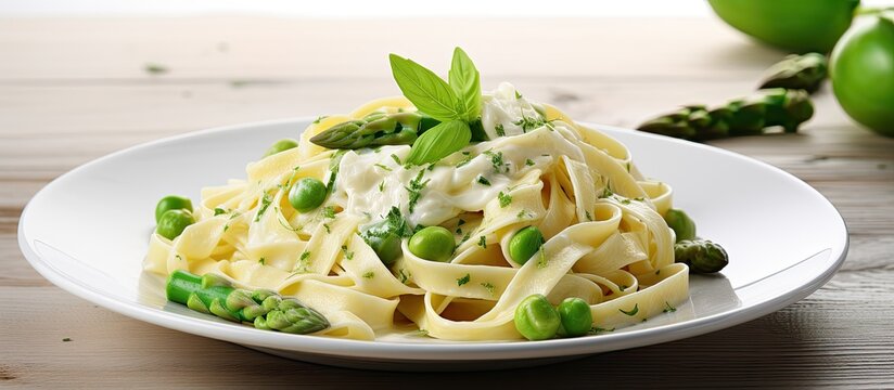 Homemade pasta with asparagus and white sauce served on a white plate on a wooden table