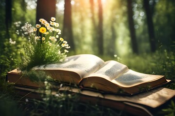 old book and flowers in forest, blurred natural green background