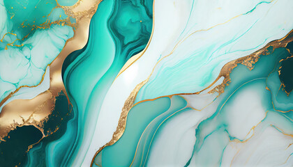 Abstract Green White Gold Background. Liquid Marble. White Turquoise Marbled texture with Golden Viens
