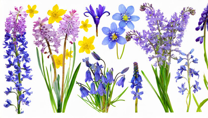 wild flowers set isolated on a white background lavender bluebell and forget me not snowdrops primroses - obrazy, fototapety, plakaty