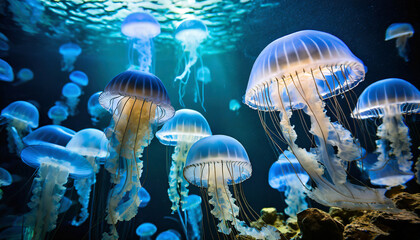Fototapeta na wymiar common jellyfish in aquarium lit by blue light