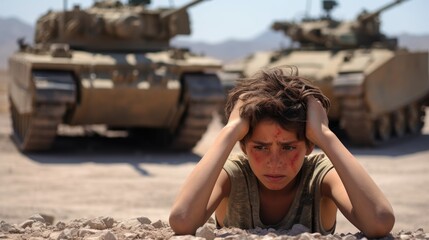 War orphan boy crying in the middle of war