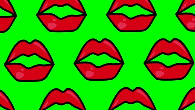 Animation, pattern or background of kissing red lips looped on a green background of chroma keys for insertion