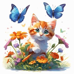 a curious kitten and a vibrant butterfly, as they engage in a whimsical game of chase among wildflowers.