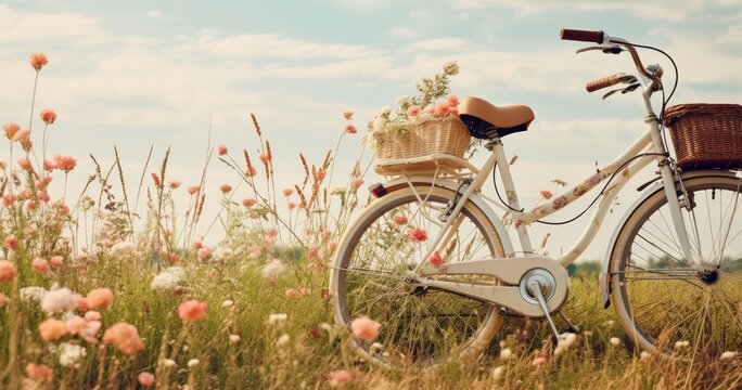 A bicycle sitting in a field, in the style of light white and yellow, cute and dreamy.