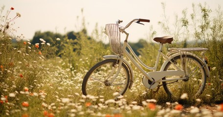 Fototapeta na wymiar a bicycle sits in a field of flowers.