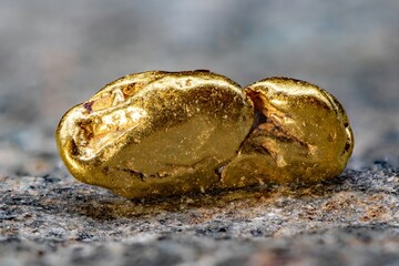 a large, natural gold nugget lies on a stone