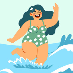 Happy woman in green swimsuit with flowers. Waving in sea water. Big smile. Blue waves. Enjoying summer. Beach fun.
