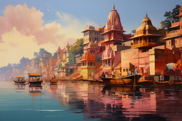 oil painting on canvas, Ancient Varanasi city architecture at sunset with view of sadhu baba enjoying a boat ride on river Ganges. (ai generated) - obrazy, fototapety, plakaty