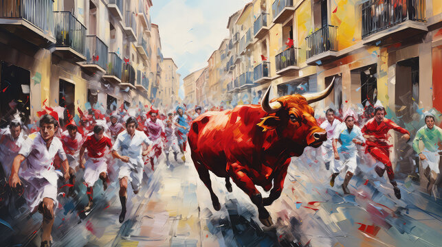 oil painting on canvas, Bulls and people running on the street in the festival of San Fermin. Bulls of Eduardo Miura in the eighth and last running. Spain. (ai generated)